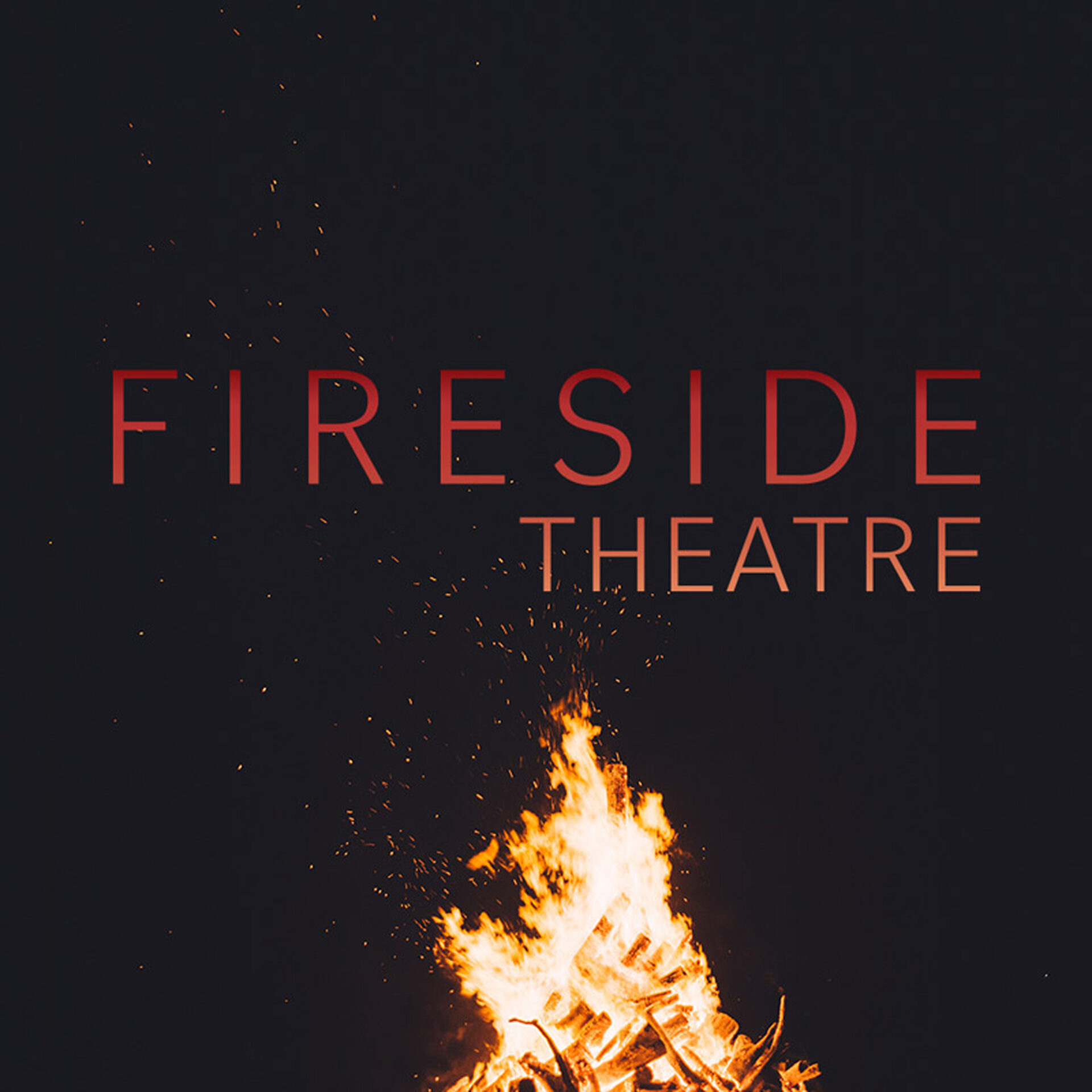 chloe v designs, fireside theatre logo, the logo is on a night sky with a bonfire pictured below it
