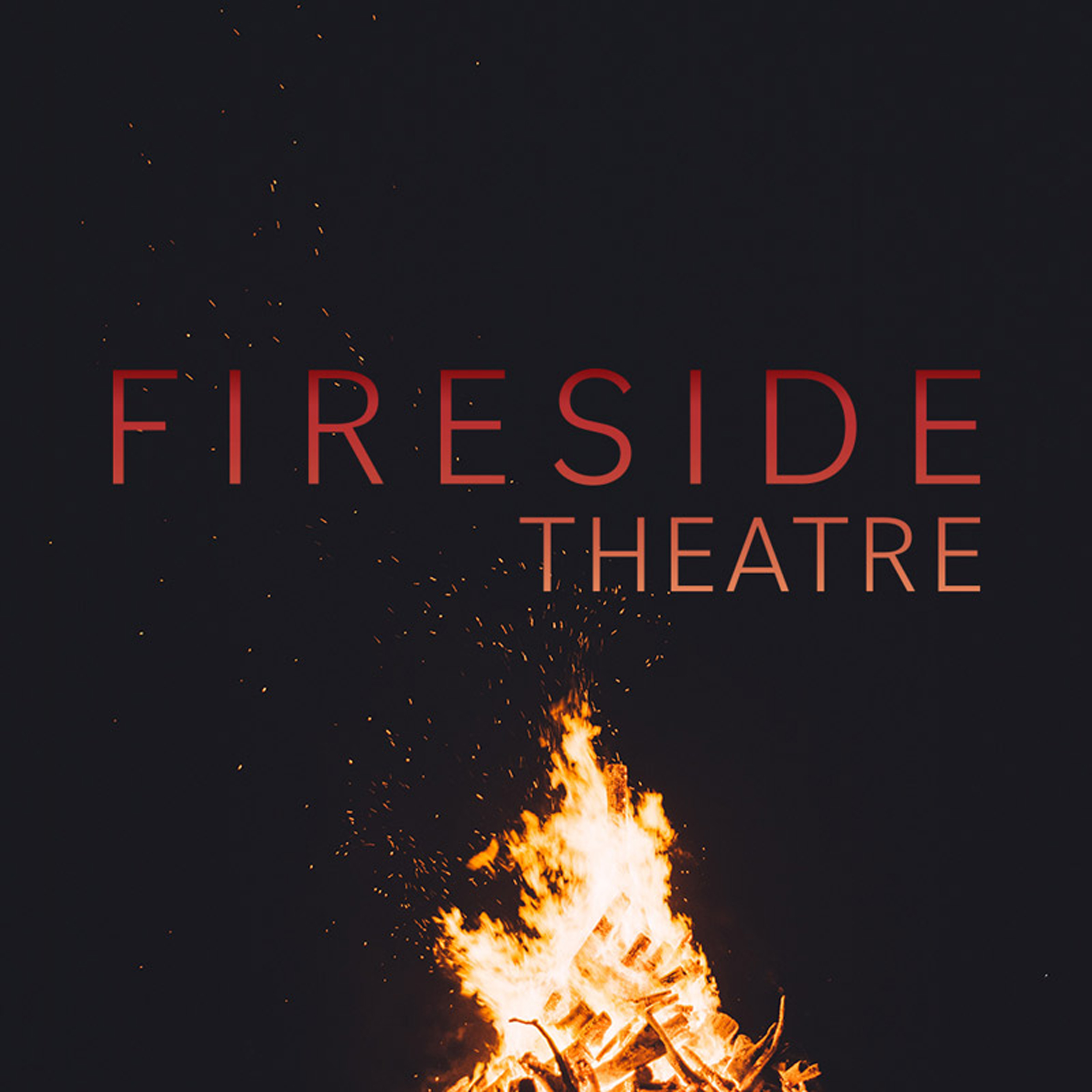 chloe v designs, fireside theatre logo, the logo is on a night sky with a bonfire pictured below it