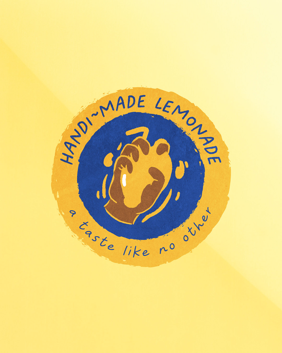 chloe v designs handi made lemonade logo, pictured is a hand squeezing a lemon, the lemon has a straw in it, in a circle around the image is handi made lemonade a taste like no other