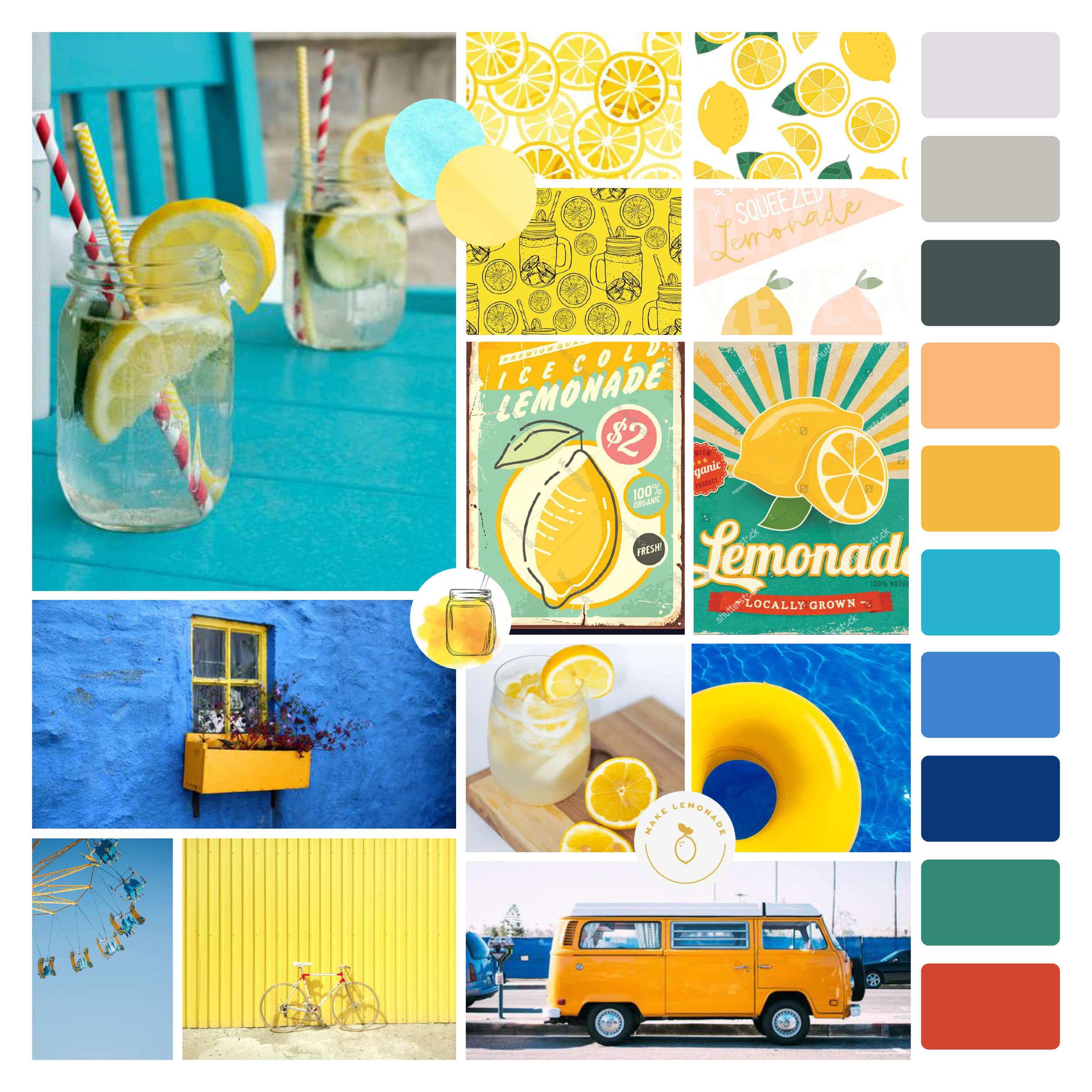 handi made lemonade moodboard with lemonade glasses, a yellow van, bikes, and yellow windows